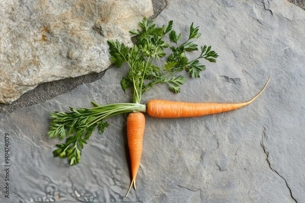 Fototapeta A fresh carrot on the kitchen dark stone table, slightly sliced, flat lay with a place for text