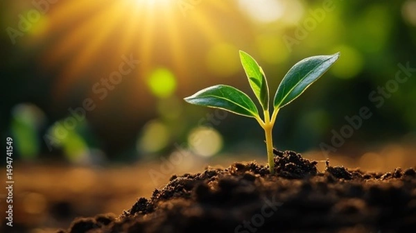 Fototapeta Young Sprout Emerging from Rich Soil at Sunrise, Symbolizing Growth, Nature, and New Beginnings.