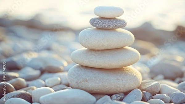 Fototapeta Serene beach stones stacked in balance, creating a peaceful and mindful zen rock garden scene.