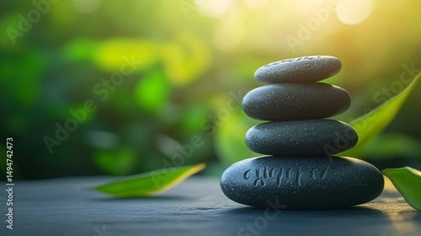 Fototapeta Serene Stacked Zen Stones in Peaceful Nature Background Promoting Calm and Tranquility