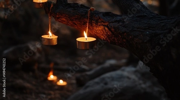 Fototapeta Enchanting Candles Glow on a Dark Tree Branch at Night, Creating a Magical Atmosphere.