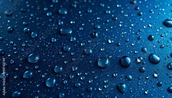 Fototapeta Numerous water droplets of varying sizes on a dark  blue surface, creating a shiny, fresh appearance. 