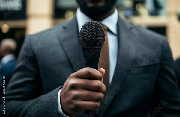 Fototapeta Close-up of a reporter's microphone in the hands of a correspondent in a gray or dark blue suit