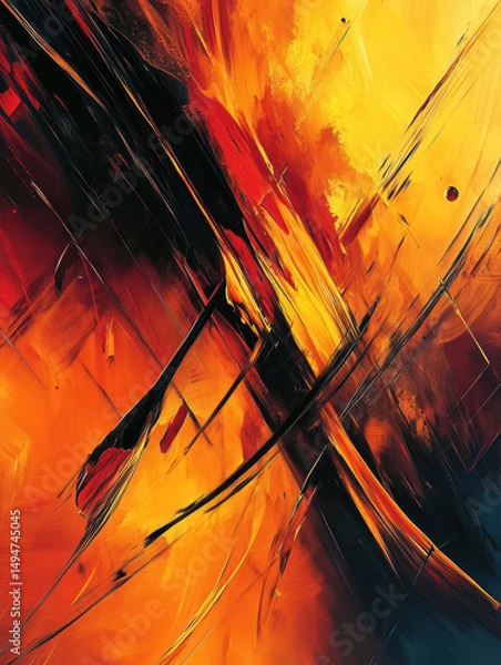 Fototapeta Abstract painting featu dynamic bold streaks of black red orange yellow and blue with energetic brush strokes and textural elements in a modern art style