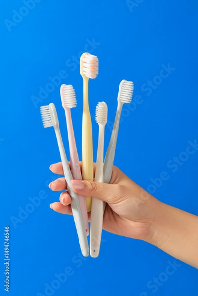 Fototapeta Hand is holding five colorful toothbrushes in front of a bright blue background. The toothbrushes are different colors and photo is good for showing dental care, hygiene, or personal care products. 