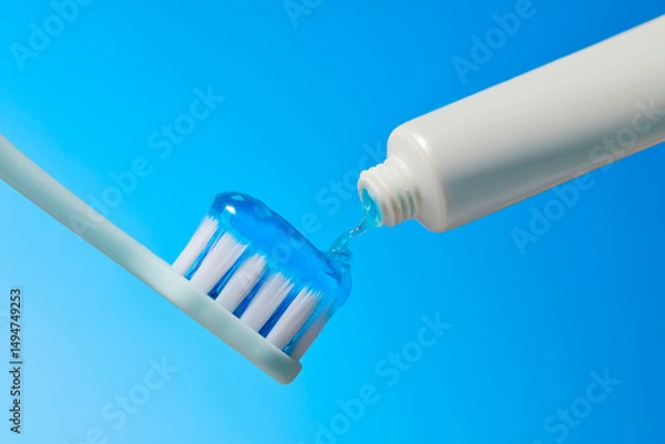 Fototapeta A blue toothbrush is being filled with white toothpaste from a white tube. The background is light blue and soft. This image is calm, clean, and perfect for oral care branding.