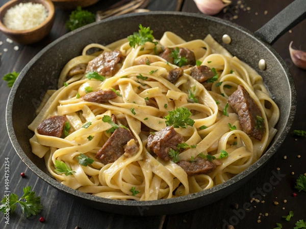 Fototapeta An appetizing close-up of traditional Beef Stroganoff with tagliatelle, perfectly cooked and garnished