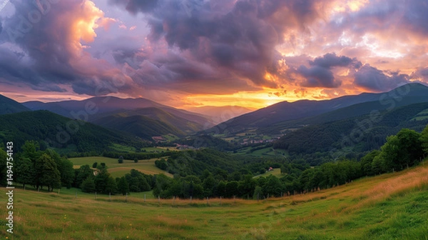 Fototapeta Golden sunset over a serene landscape, warm light through clouds, orange and purple hues blending in harmony