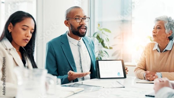Fototapeta Man, people and tablet screen for finance meeting for budget review, financial stats and graphs. Speaker, digital and charts for proposal, pitch and information with profit report for company revenue
