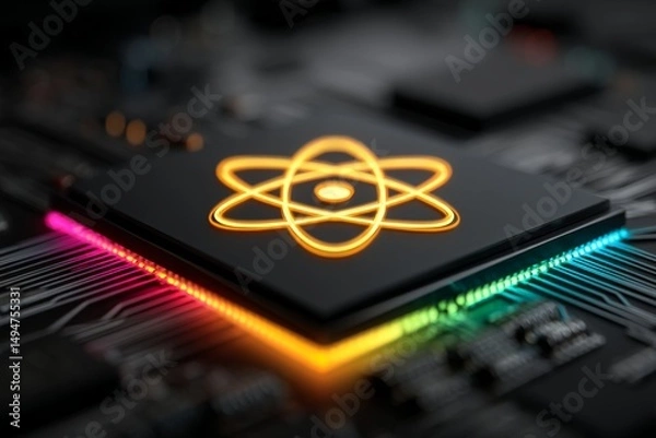 Fototapeta Electronic circuit board with a glowing atomic symbol in vibrant colors showcasing modern technology