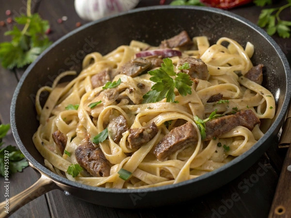 Fototapeta Delicious homemade Beef Stroganoff featuring tender beef and noodles, presented beautifully in a rustic setting.