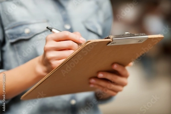 Fototapeta Person holding clipboard while taking notes in a busy indoor setting with soft lighting