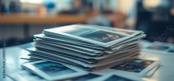 Fototapeta Stack of printed photographs ready for review or archival purposes in progress