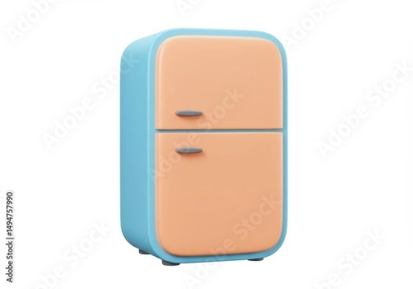 Fototapeta 3D Illustration of Cartoon refrigerator isolated on white background, blue and peach colors