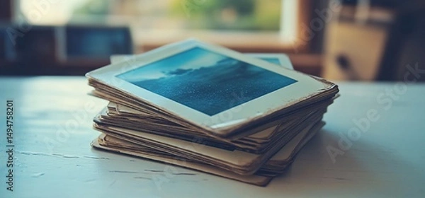 Fototapeta Stack of vintage photographs with a nostalgic and artistic aesthetic appeal