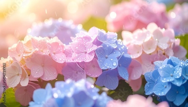 Fototapeta 雨に濡れる紫陽花：パステルカラーの輝きCustom AI Model