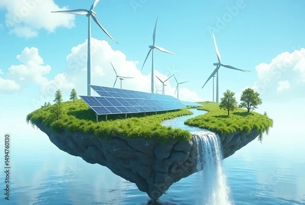 Obraz Floating Island with Wind Turbines, Solar Panels, and Lush Greenery, Depicting Renewable Energy and Sustainability  
