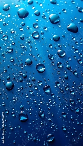 Fototapeta Blue background adorned with numerous glistening water  droplets of varying sizes. 
