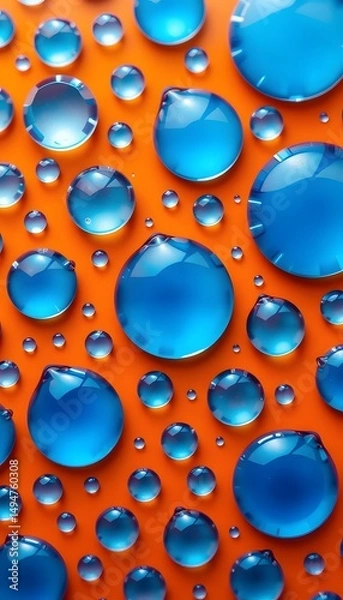 Fototapeta Blue water droplets of varying sizes scattered across an orange background, creating a vivid contrast. 