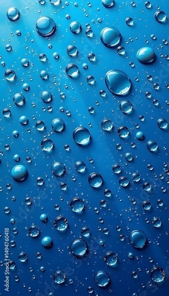 Fototapeta A blue background adorned with numerous glistening water  droplets of varying sizes. 