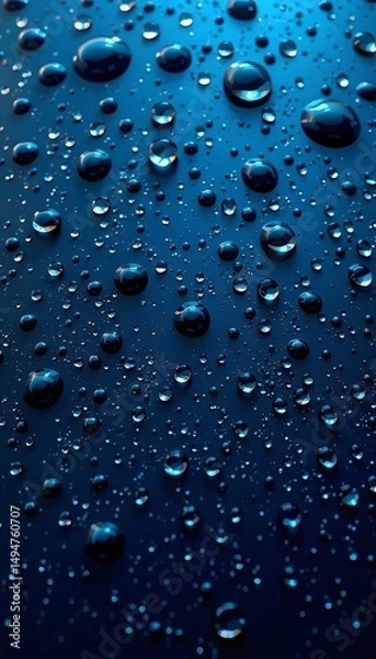 Fototapeta Numerous water droplets of varying sizes on a deep  blue surface, glistening under light. 