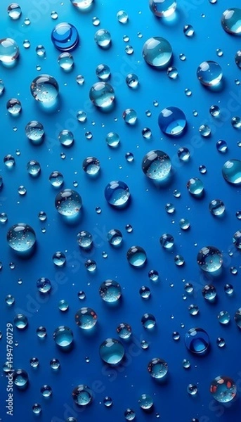 Fototapeta Numerous clear water droplets scattered across a vibrant blue background, creating a fresh and delicate scene. 