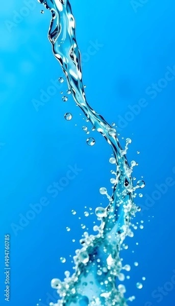 Fototapeta A stream of water with bubbles arcs against a vivid blue background, capturing the dynamic motion of water. 