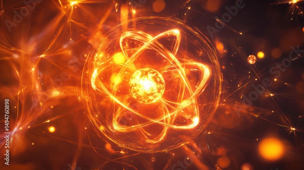 Obraz Intricate atomic structure with glowing electrons orbiting a central nucleus illuminated by fiery energy and dynamic sparks creating a vibrant scientific visualization
