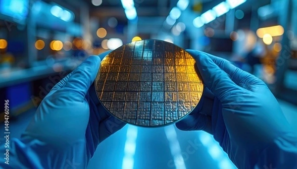 Obraz Gloved hands hold silicon wafer in high tech lab showing innovation in semiconductor industry