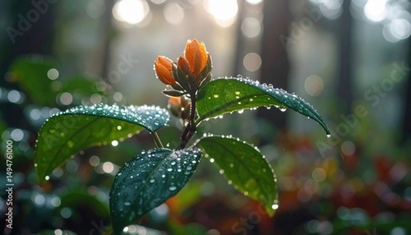 Obraz A dewy flower bud glows at sunrise in a tranquil forest capturing nature's renewal