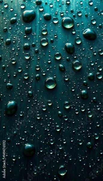 Fototapeta Numerous water droplets of varying sizes on a dark  teal surface, creating a glistening effect. 