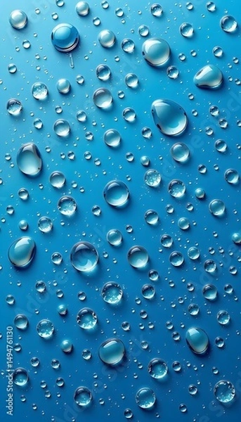 Fototapeta A blue background adorned with numerous clear, round water  droplets of varying sizes. 