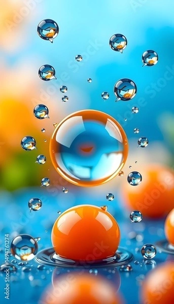 Fototapeta Vibrant image shows orange orbs with water droplets floating and splashing against a colorful background. 