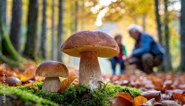Obraz A close-up of mushrooms growing on the forest floor, with a blurred background of people exploring the woods.