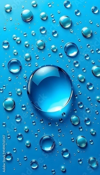 Fototapeta A large blue water  drop surrounded by numerous smaller ones on a vibrant blue background. 