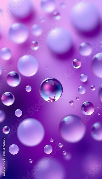 Fototapeta A soft  hued image with various sizes of translucent water droplets on a purple  toned background. 