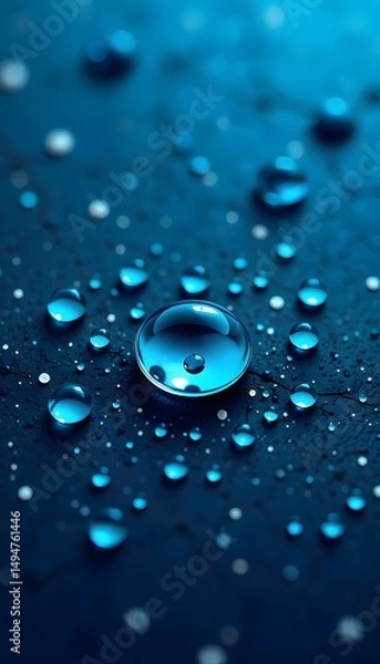 Fototapeta The image shows numerous blue  toned water droplets on a dark surface, with a prominent larger droplet in the center. 