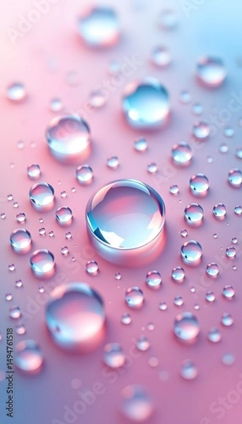 Fototapeta A collection of iridescent water droplets on a soft  hued, gradient background, with a prominent central drop. 