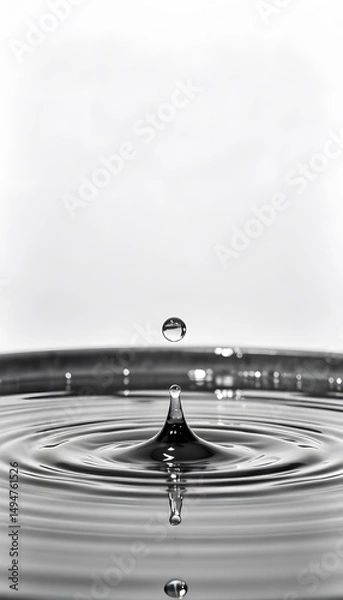 Fototapeta A water drop falls into a body of water, creating concentric ripples in a black  and  white image. 