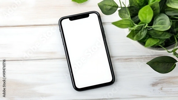 Fototapeta Smartphone with a blank white screen and a plant on a wooden table