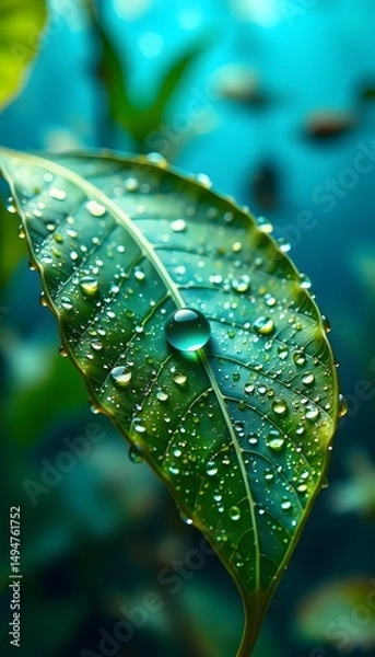 Fototapeta A green leaf adorned with numerous water  droplets, set against a blurred blue  green background. 