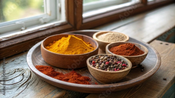 Fototapeta Assorted colorful spices including turmeric, peppercorns, and paprika on rustic wooden tray for culinary and cooking concepts