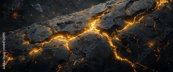 Fototapeta Striking cosmic rock formation with glowing fissures in a star-filled space scene