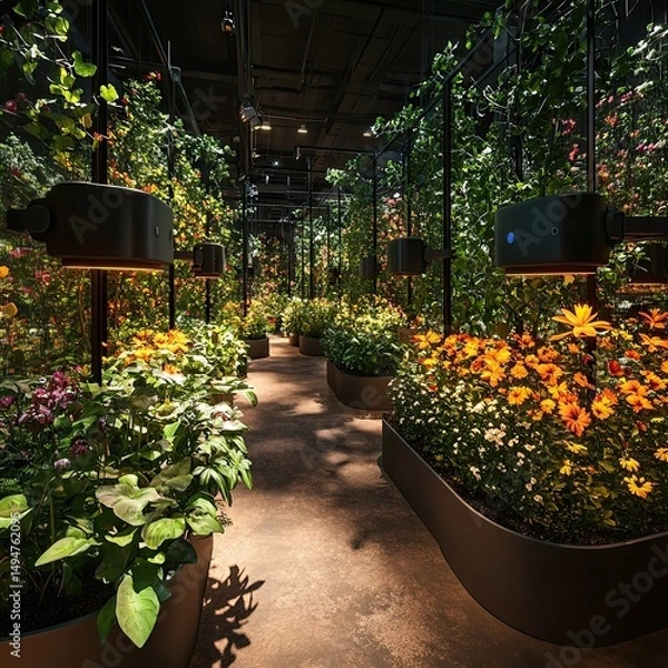 Fototapeta Augmented reality virtual gardens with IoT connectivity for sensory plant interactions, educational design, immersive biodiversity experiences, AI-driven growth environments --raw --stylize 250
