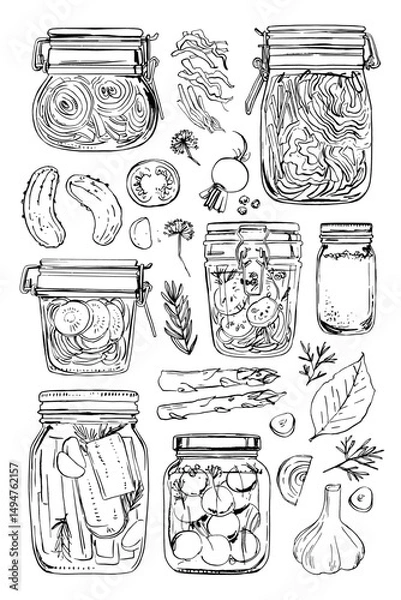 Fototapeta Fermented vegetables. Vector food line drawing on white background. Jars with preserves, sauerkraut, pickles.