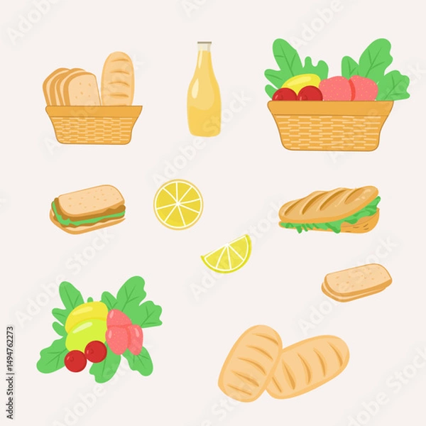 Fototapeta Set of picnic flat vector, bread, sandviches, fruit and berry, picnic basket isolated