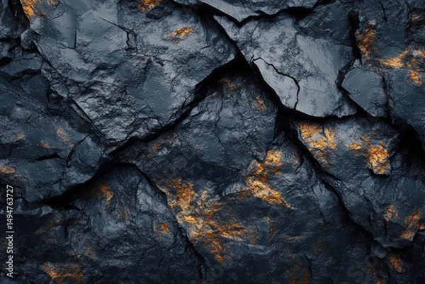 Fototapeta Close-up of dark rugged rocky surface with cracks and cracks in the stone revealing orange and brown mineral deposits and textured natural stone background for geological or nature themes