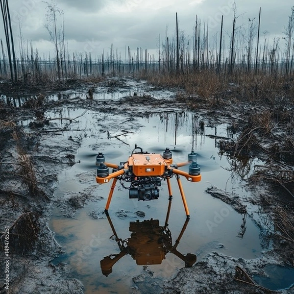 Fototapeta bioremediation systems restore polluted ecosystems, using AI-driven drones and robotics to remove contaminants from oil spills, waterways, and other environmental hazards --raw --stylize 250