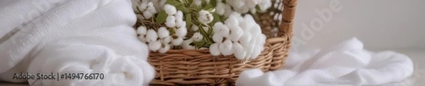 Fototapeta A woven basket overflows with fluffy white towels, adorned with a delicate cotton branch , interior, purity
