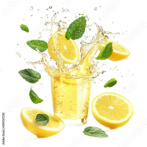 Fototapeta A splash of lemonade with mint and lemon slices, showcasing a refreshing drink.